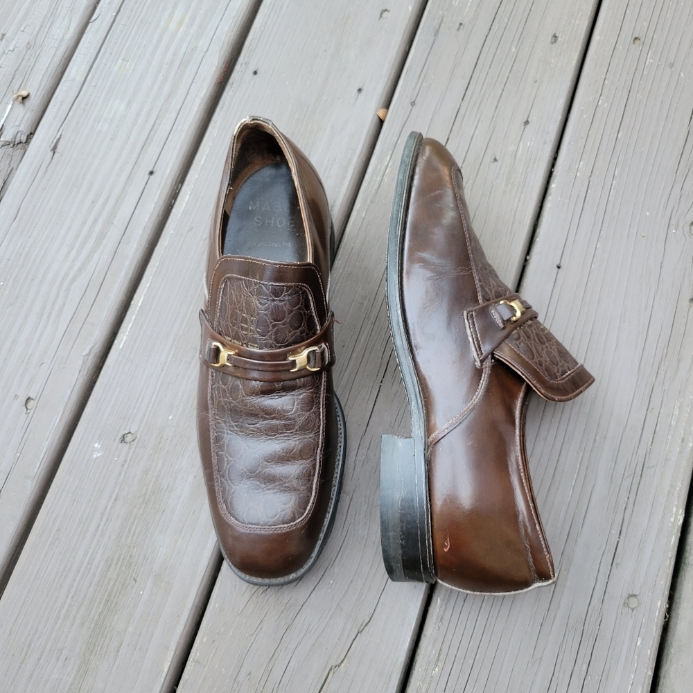 Vintage 60s Mason Shoes Brown Leather Gator‎ Horsebit Vamp Moc Toe Dress Loafers